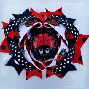 Lady Bug Red White Black Bottle Cap Hair Bow 5"